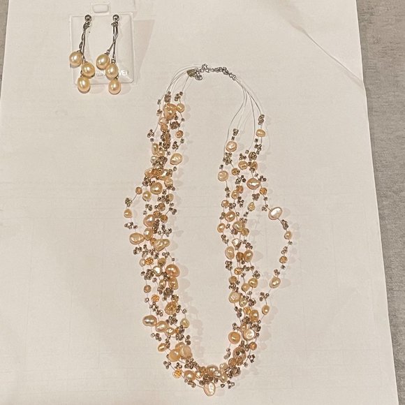 NEW Pink Gold Pearls Beaded multi layer necklace dangling earrings set - Picture 2 of 9